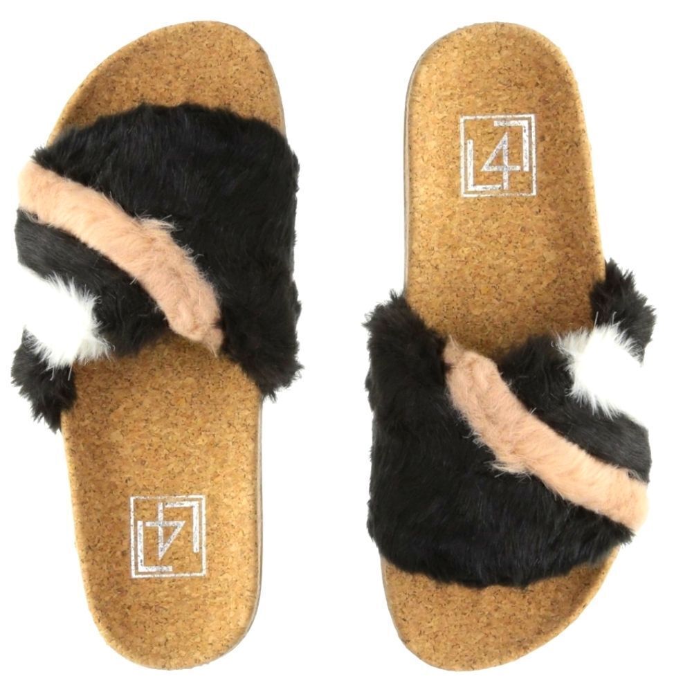 L4L Ace Black Fuax Fuzzy Multi Stripe Slipper Size 8 NIB